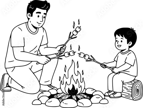 silhouette vector of  Father and child roasting marshmallows around campfire enjoying silhouette graphic illustration on white background svg png