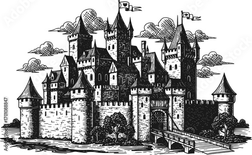 silhouette vector of Detailed Woodcut Illustration of a Grand Medieval Castle isolated on white background svg png