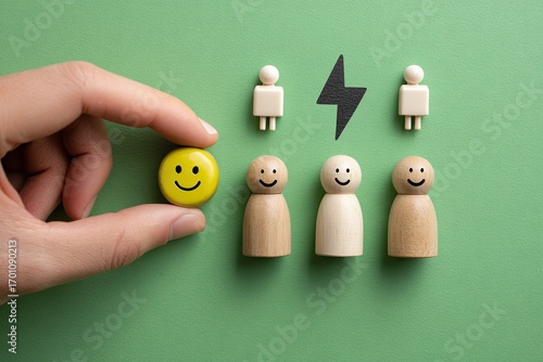 Hand holds a smiley face figurine, surrounded by other figurines, with a lightning bolt
