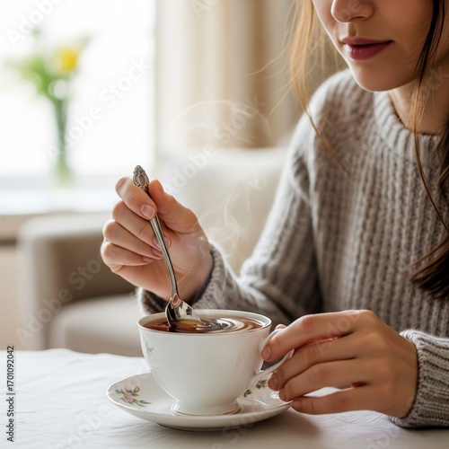 woman stirring tea with spoon.,