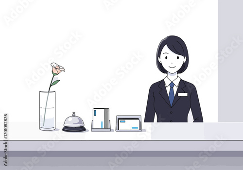 Friendly hotel receptionist greeting guests at the front desk with service bell vector