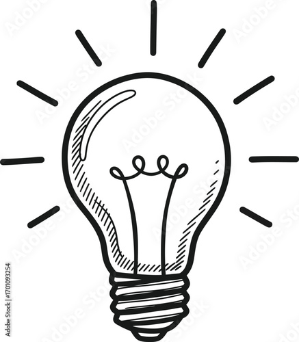 Hand drawn sketch of a glowing light bulb representing new ideas and innovation vector