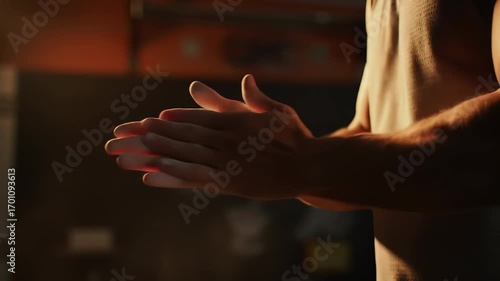 Adult person claps hands covered in chalk powder, creating dust, preparing for an intense gym workout or training session in a dramatic, dark indoor setting.
