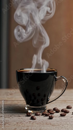 A close-up video shot of a steaming coffee cup on a wooden table, with scattered beans. Warm tones and soft focus create a cozy atmosphere.