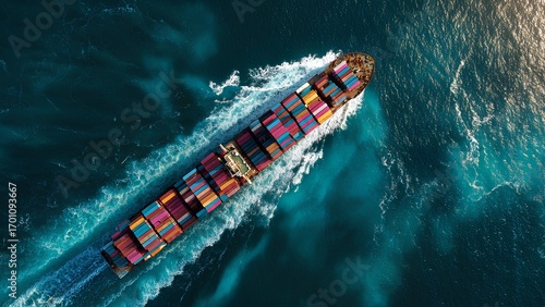 Stunning top-down aerial photo of a large cargo ship navigating through deep blue ocean waters.