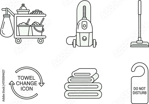Hotel housekeeping icons cleaning cart vacuum mop towels door hanger amenity services vector