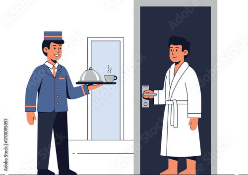 Hotel bellhop delivering room service to guest in robe outside hotel room door vector