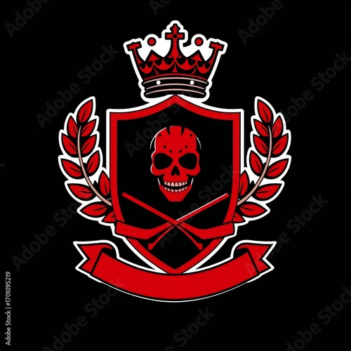 Gothic skull and crossed hockey sticks crest with crown and banner