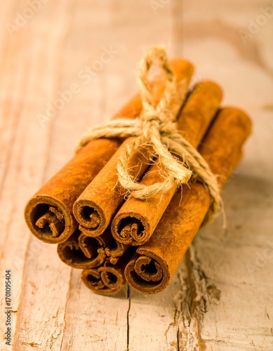 Cinnamon sticks tied with twine on a light wooden surface