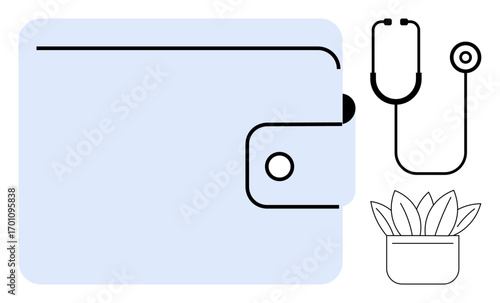 Closed wallet, sleek stethoscope, and potted plant in simple flat style. Ideal for finance, healthcare, budgeting, wellness, lifestyle eco-consciousness personal growth concepts. Minimalist simple