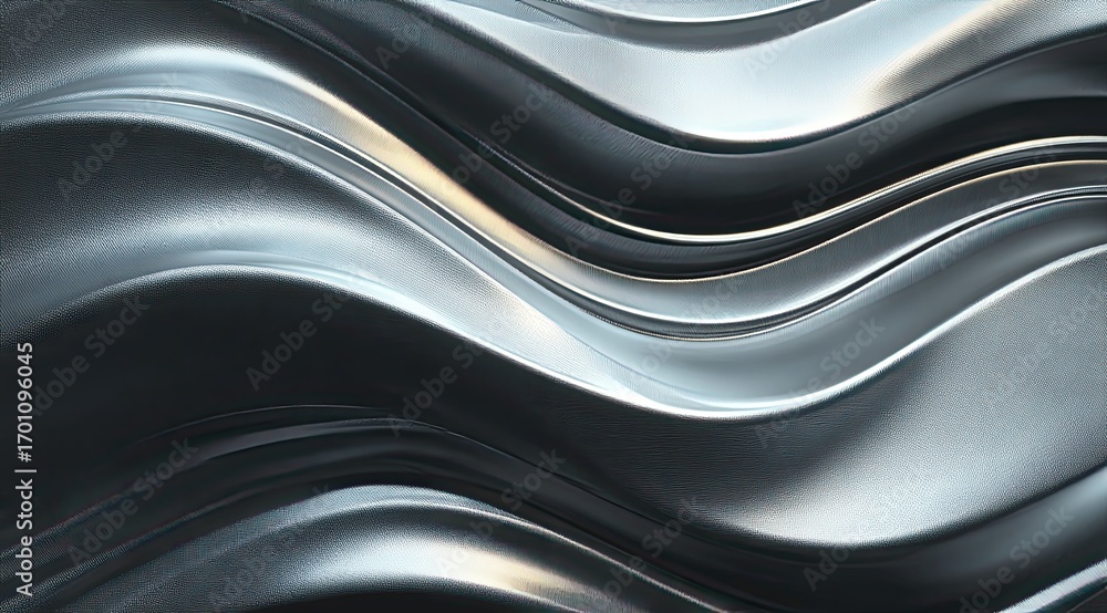 Obraz premium Abstract metallic waves. A close-up view of flowing, undulating, and reflective metallic surfaces in varying shades of silver and gray. The curves create a sense of depth and movement