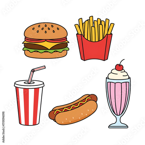 Delicious Fast Food Assortment Burger, Fries, Soda, Hot Dog, and Milkshake
