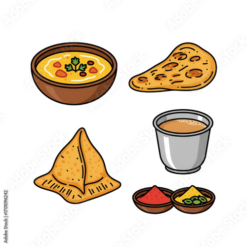 Collection of Indian Food Items and Spices, Including Samosa, Dal, Naan, and Chai