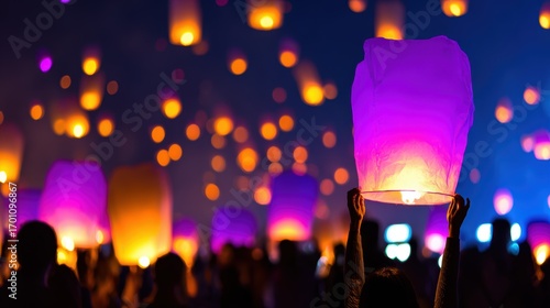 A vibrant night scene featuring people releasing glowing lanterns into the sky at a festival celebration