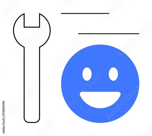Blue happy emoticon and minimalist black wrench icon. Ideal for service, repair, feedback, user experience, support, optimization, technology. Simplistic and modern for a simple landing page
