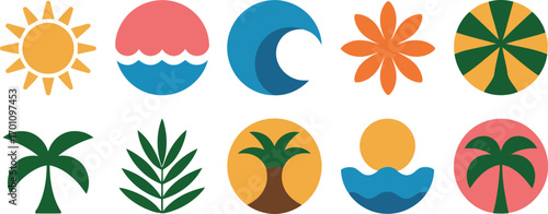 This image displays a collection of ten colorful, simple icons with a tropical theme, including the sun, water, moon, flower, striped beach ball, and various palm trees. 