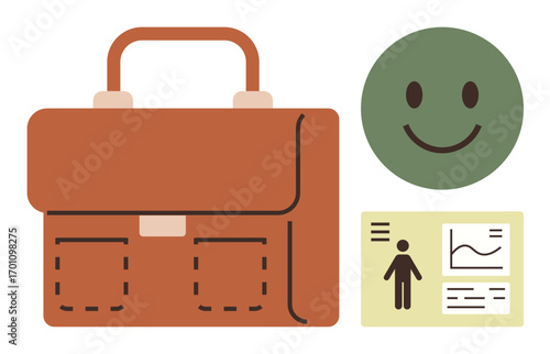 Brown briefcase beside a green happy face and a business chart document. Ideal for career, business, productivity, work-life balance, success, professional growth, and optimism. Simple flat metaphor