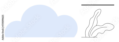 Large blue cloud with curved edges beside abstract plant line art, combining nature and simplicity. Ideal for design, nature, minimalism, eco concepts, creativity, freshness calm. A simple flat
