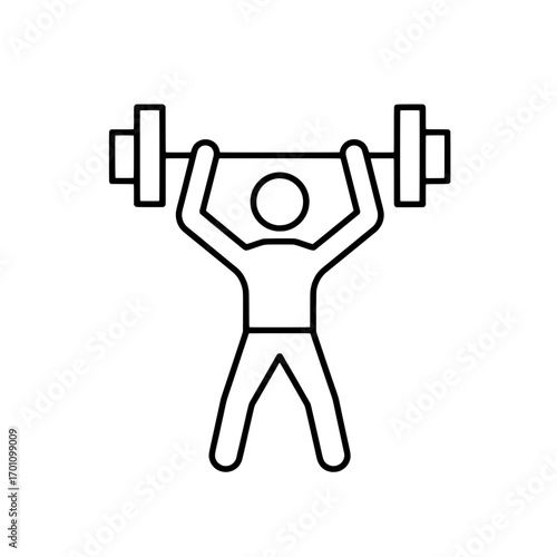 Simple line art icon representing a weightlifter with a barbell for fitness and strength training concepts