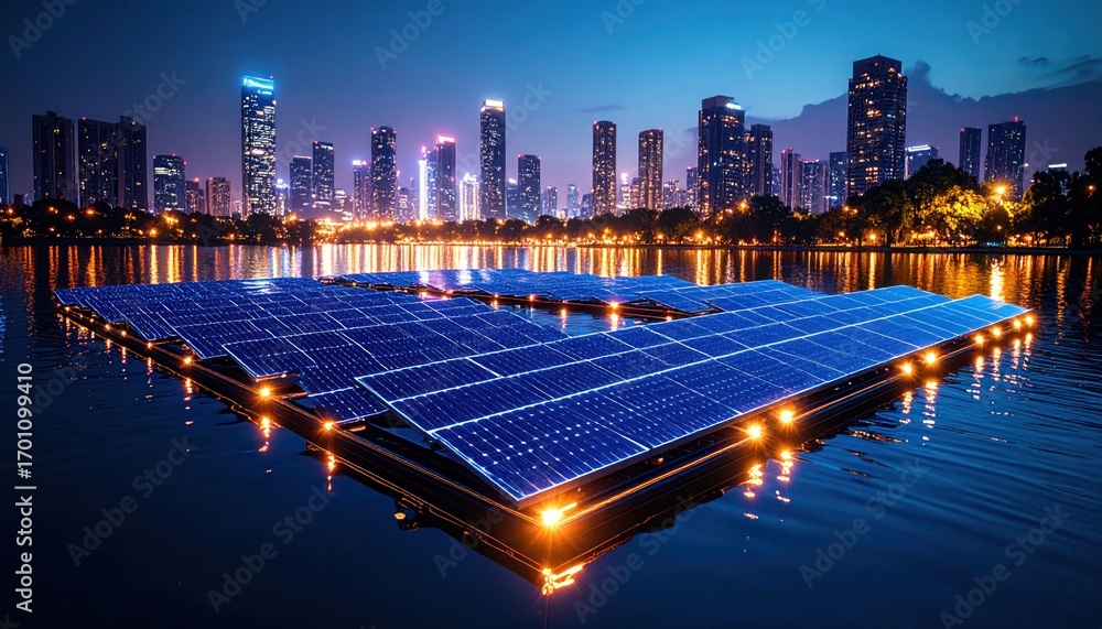 Fototapeta premium Solar Panels on Water with City Skyline at Night, and Renewable Energy.