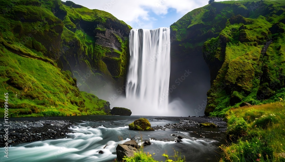 Fototapeta premium Dramatic waterfall cascading down mossy, green cliffs