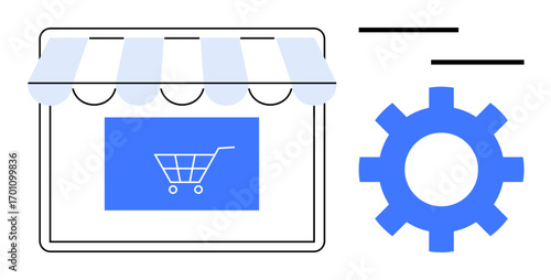 Digital storefront with shopping cart graphic, gear symbol for customization, and simple design. Ideal for e-commerce, online shops, retail, technology, development, automation simple flat metaphor