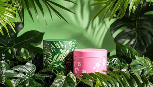Tropical display with cylindrical containers