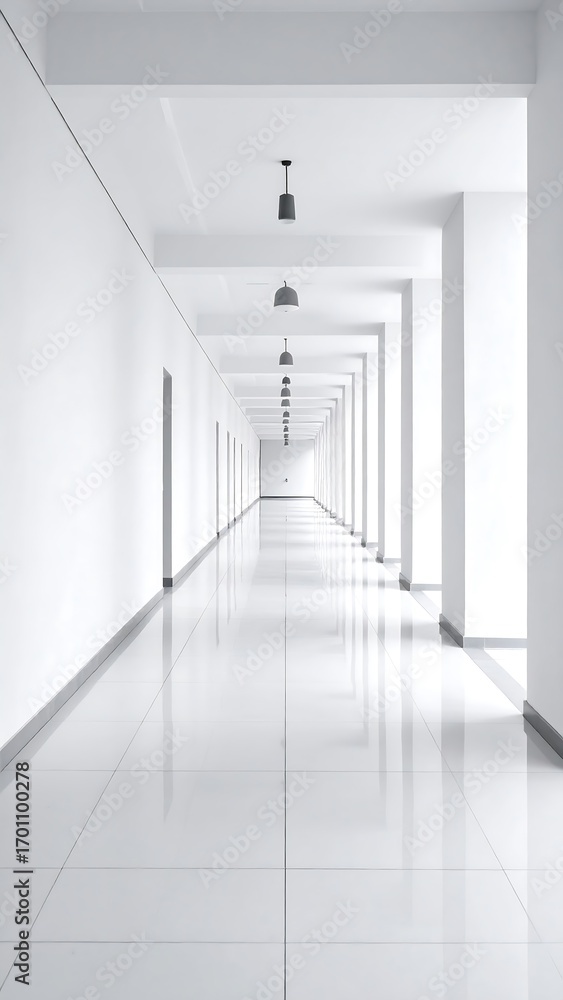 Obraz premium A long, white hallway extends into the distance, illuminated by evenly spaced lights, creating a clean and minimalist architectural scene.