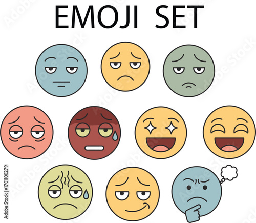 Diverse emoji set capturing a range of human emotions and expressions vector