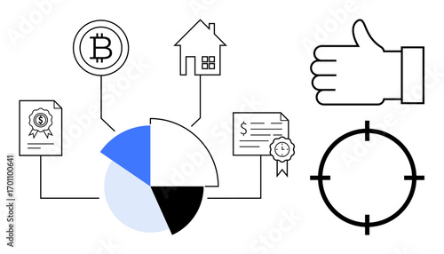Pie chart linked to cryptocurrency, real estate, certificates, and approval symbols, representing asset management, growth strategies, and success steps. Ideal for finance, investment planning