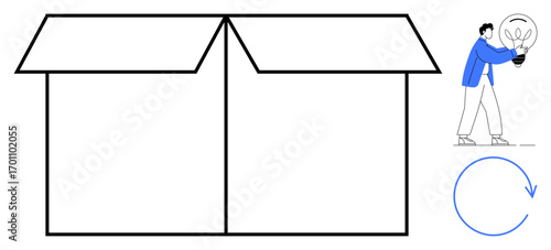 Open box, person holding lightbulb representing innovation, circular arrow reflecting iteration, reinvention. Ideal for creativity, problem-solving, design thinking, idea generation, adaptability