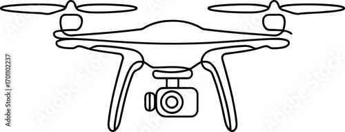 This line art image shows a drone, equipped with a camera, rendered in a clean, continuous line style. 