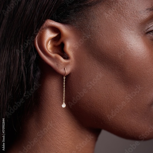 Close up profile of a black woman s ear adorned with a delicate gold chain earring with a single pearl drop