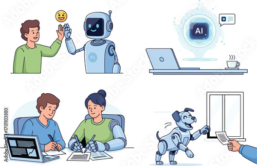 Ai and human collaboration technology scenes futuristic robots and people working together vector