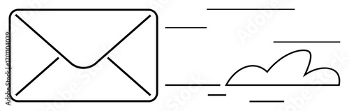 Envelope moving swiftly with speed lines, accompanied by a cloud illustration. Ideal for communication, email, message, delivery, speed, networking logistics. Simple flat metaphor