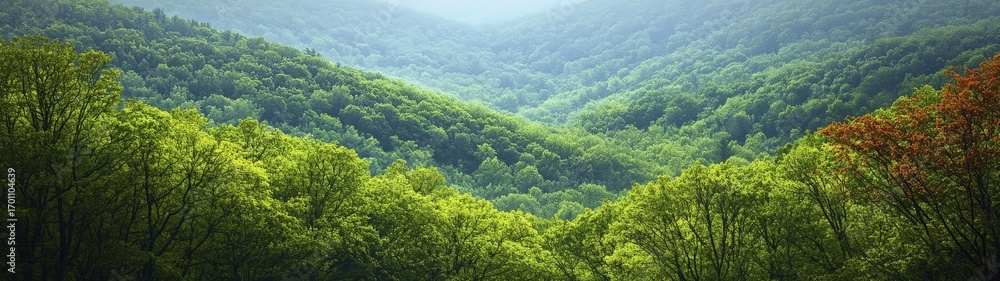 Obraz premium Lush green forest landscape with rolling hills and vibrant foliage under a clear sky.