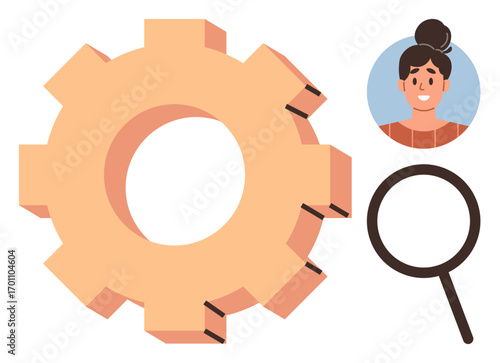 Large gear beside female avatar portrait and magnifying glass symbolizing teamwork, analysis, optimization, and progress. Ideal for business, HR, innovation, technology, research recruitment simple