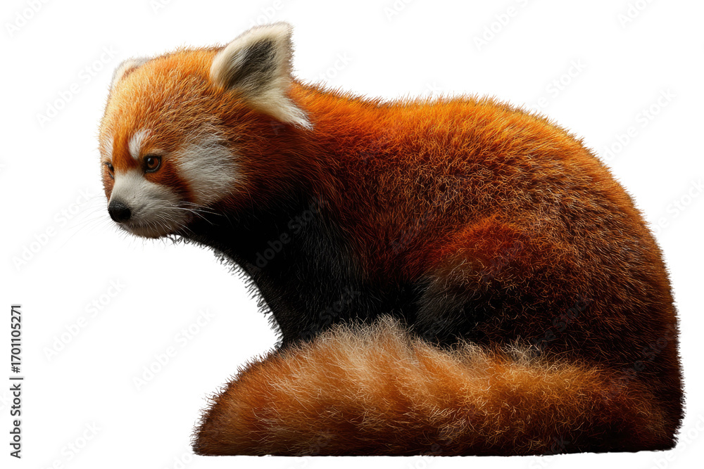 Fototapeta premium Red panda sitting on transparent background, vibrant fur, bushy tail. background removed
