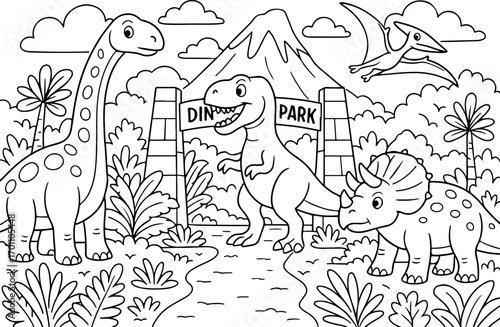 hand drawn vector doodle illustration of dinosaurs park coloring page for kids line art