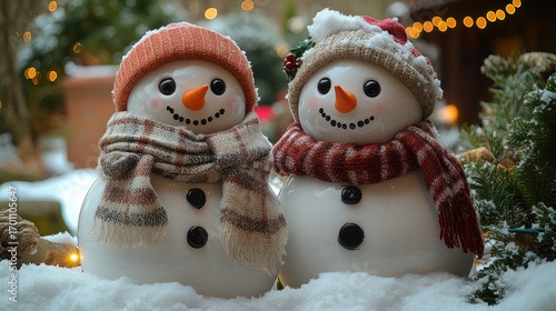 Two adorable snowmen, adorned with winter hats and scarves, stand in a snowy garden setting, illuminated by warm holiday lights.