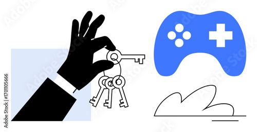Black hand silhouette holding keys next to a blue gaming controller and abstract shapes. Ideal for gaming, choice, control, technology, decision-making, security, access. Simple flat metaphor