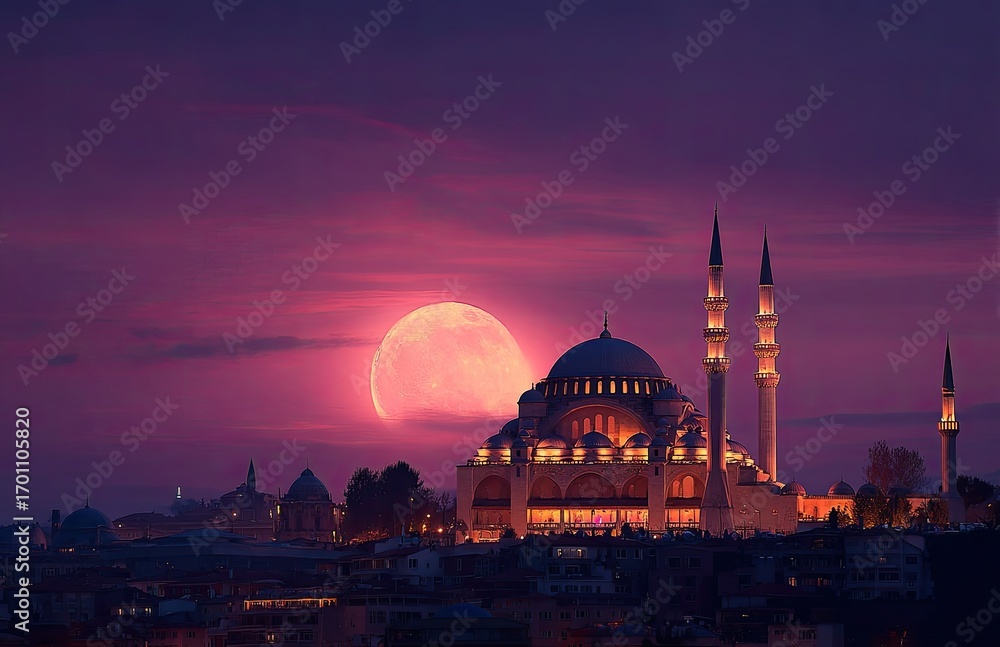 Fototapeta premium Mosque at dusk, full moon