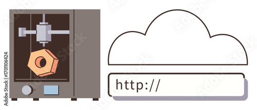 3D printer crafting geometric object with internet connection visualized by cloud and URL bar. Ideal for technology, automation, innovation, cloud services, digital production, IoT, and online tools