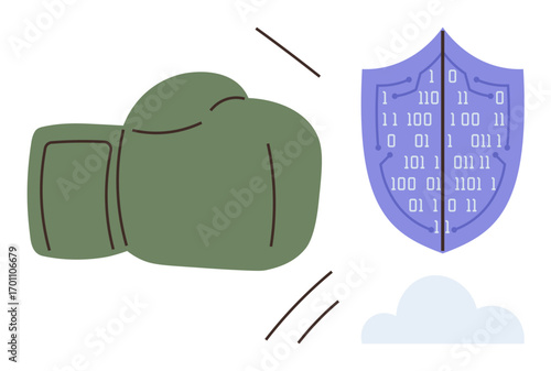 Boxing glove punching digital shield with binary code, symbolizing defense vs threat, power vs security. Ideal for cybersecurity, data protection, conflict, resilience, competition, technology