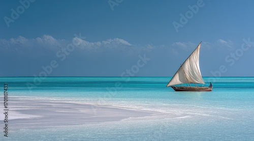 Calm turquoise sea; dhow sailboat; pristine beach