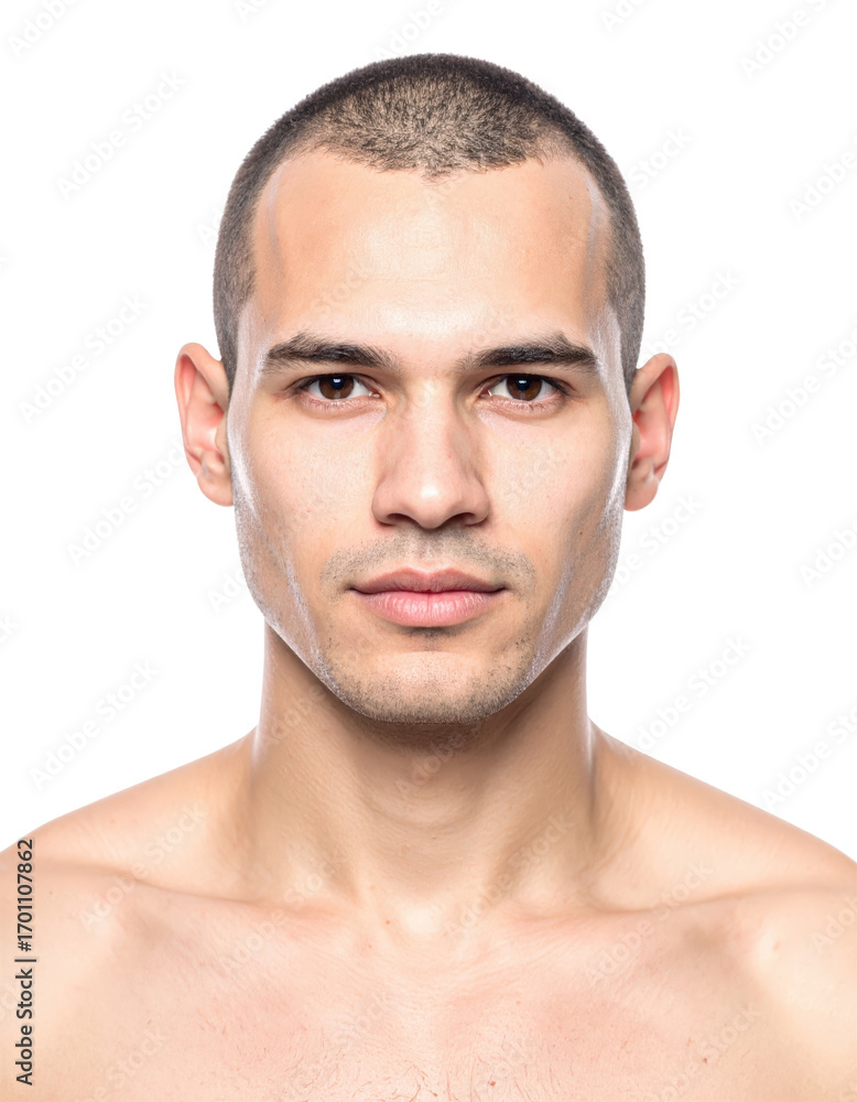 Obraz premium Young Man with Shaved Head Portrait on White Background.