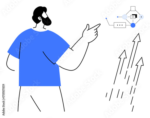Person gestures toward a digital flowchart with interconnected shapes and nodes alongside upward arrows, symbolizing growth. Ideal for innovation, strategy, planning, teamwork, success, progress