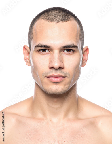 Young Man with Shaved Head Portrait on White Background.