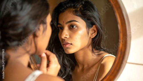 A young woman examines her reflection in a round mirror, capturing a moment of introspection and self-care. Soft natural light bathes her in warm tones, highlighting the details of her face and hair.