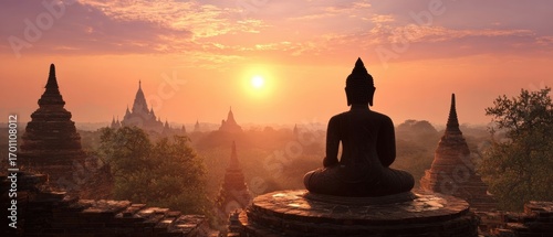Serene Sunrise over Bagan, Myanmar Buddha Statue and Ancient Temples